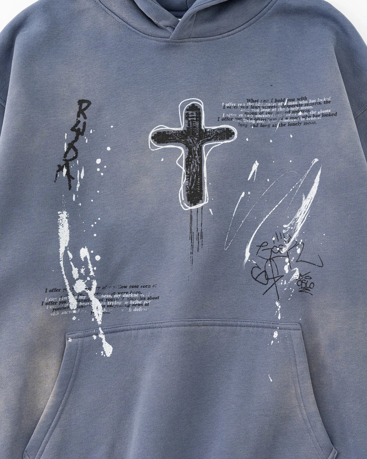 Omygoods Graffiti Print Acid Washed Fleece Hoodie