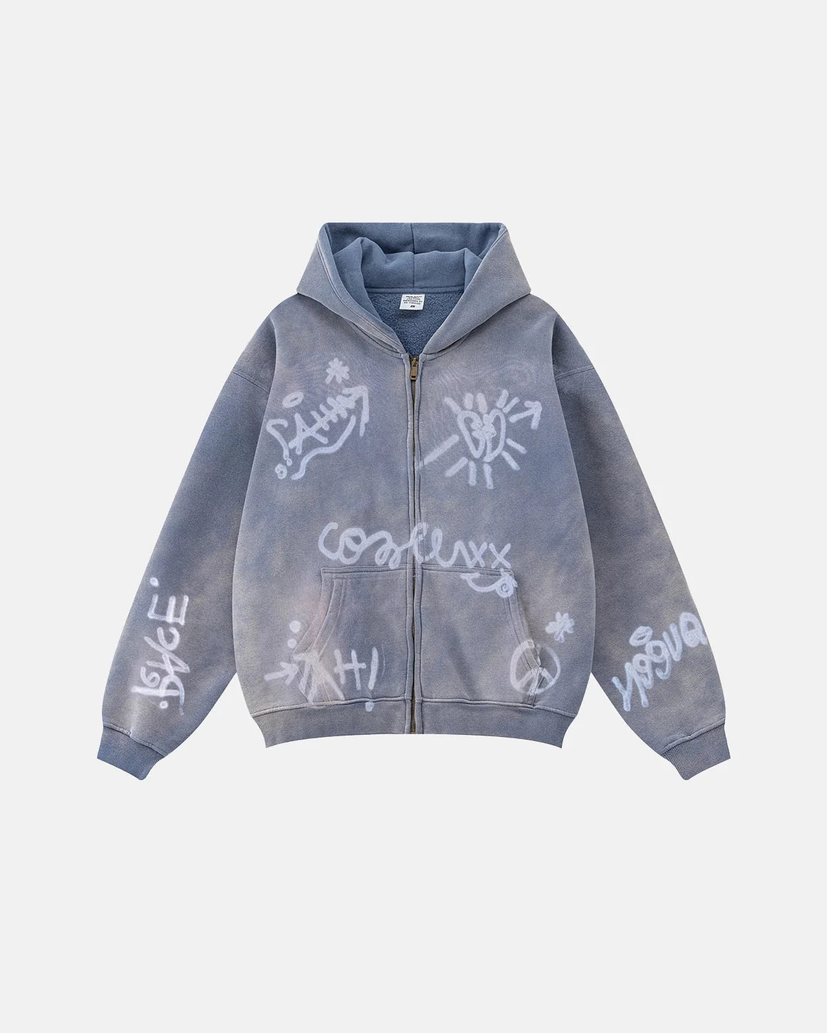 Omygoods Graffiti Washed Zip Up Hoodie