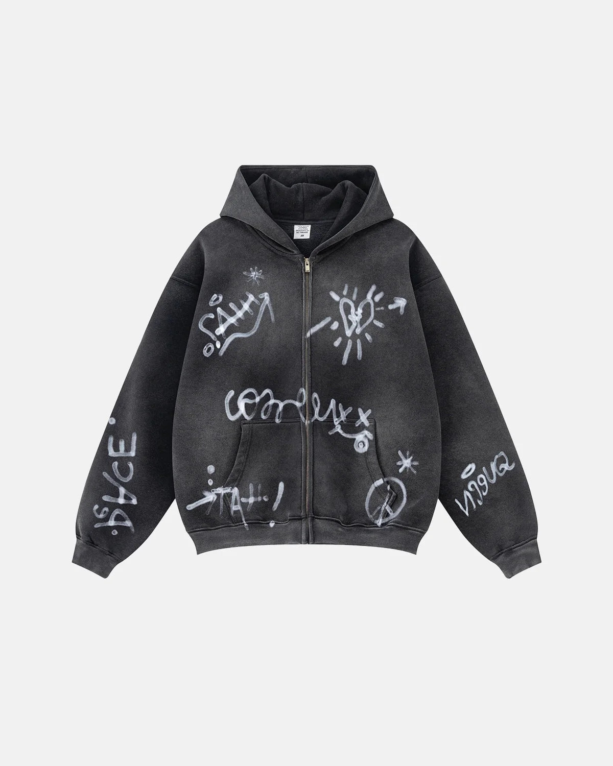 Omygoods Graffiti Washed Zip Up Hoodie