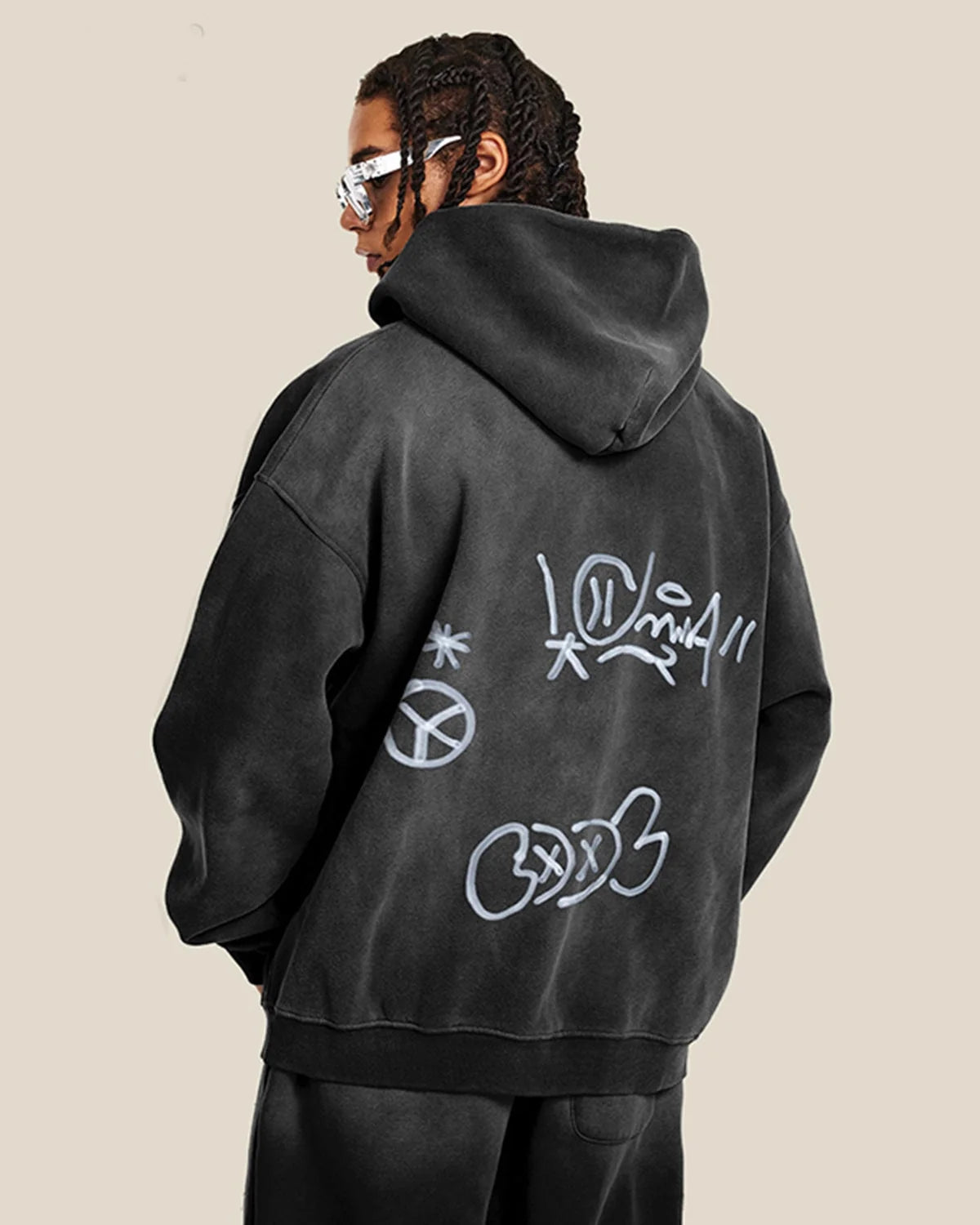 Omygoods Graffiti Washed Zip Up Hoodie
