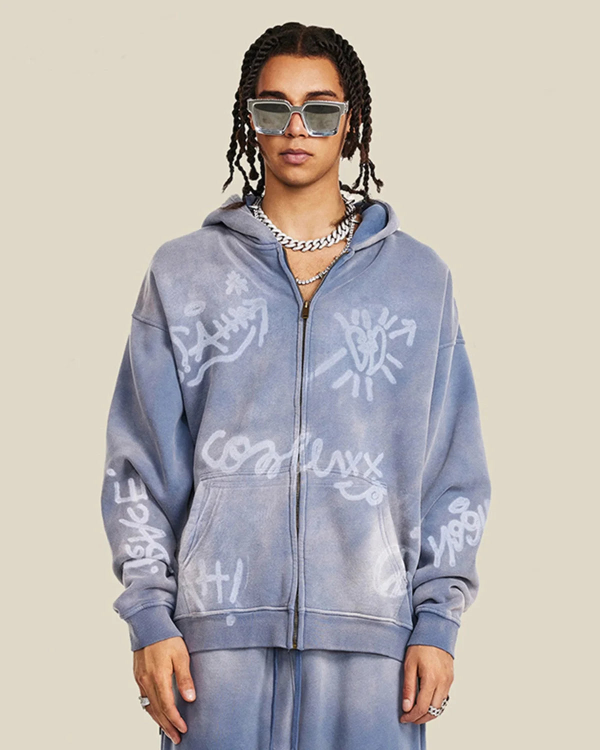 Omygoods Graffiti Washed Zip Up Hoodie