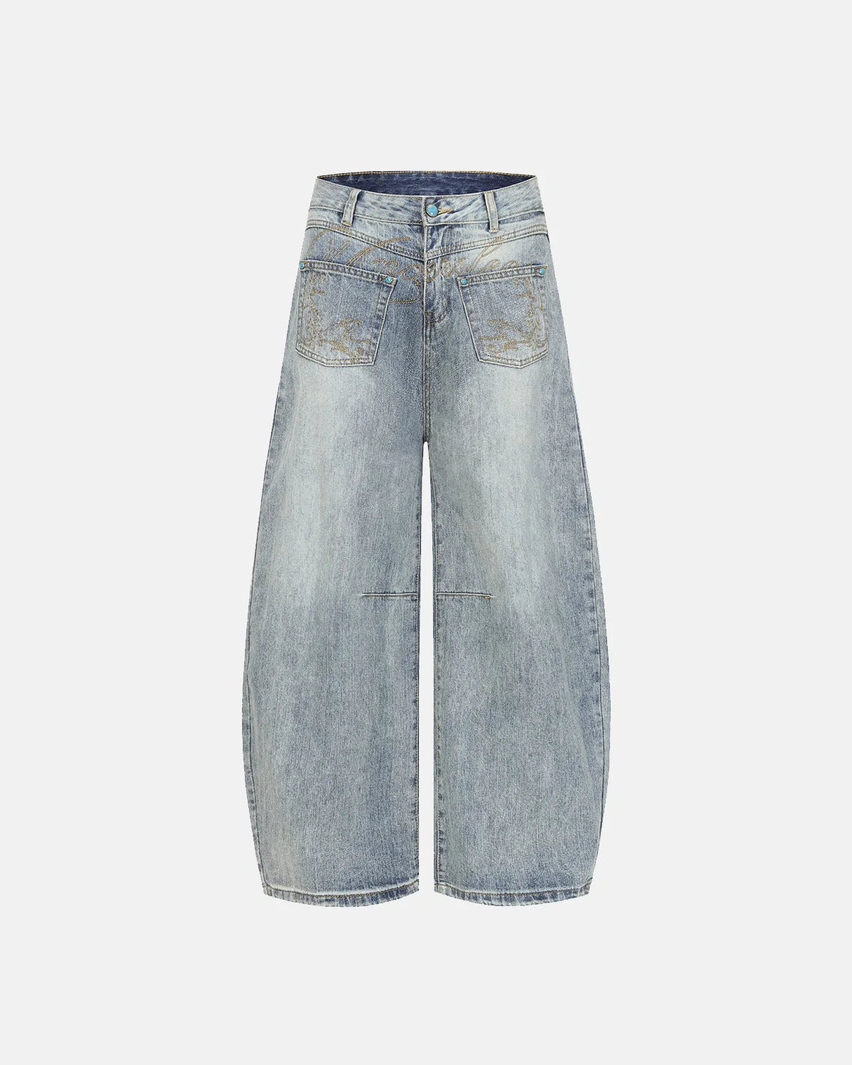 Omygoods Graphic Embroidered Washed Barrel Jeans