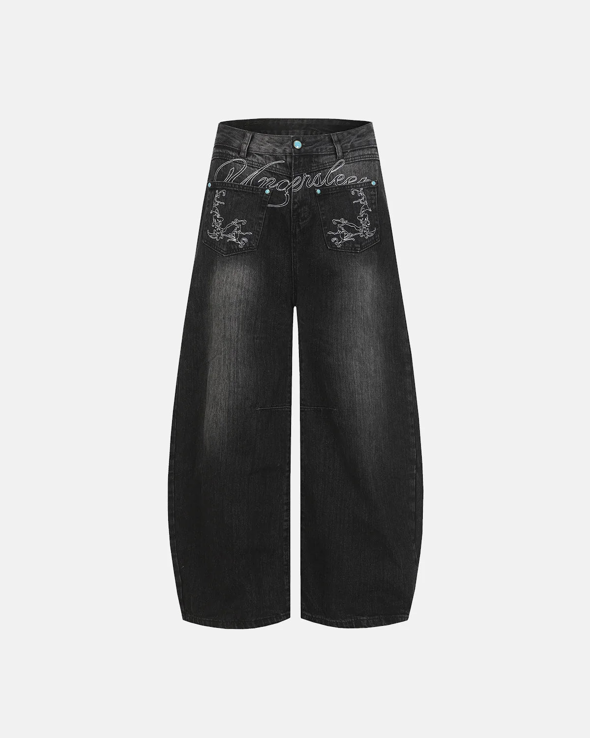 Omygoods Graphic Embroidered Washed Barrel Jeans