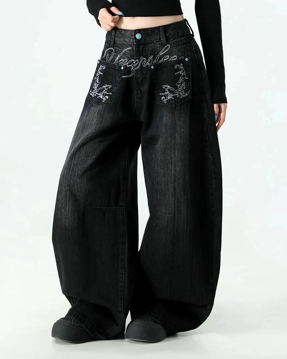 Omygoods Graphic Embroidered Washed Barrel Jeans