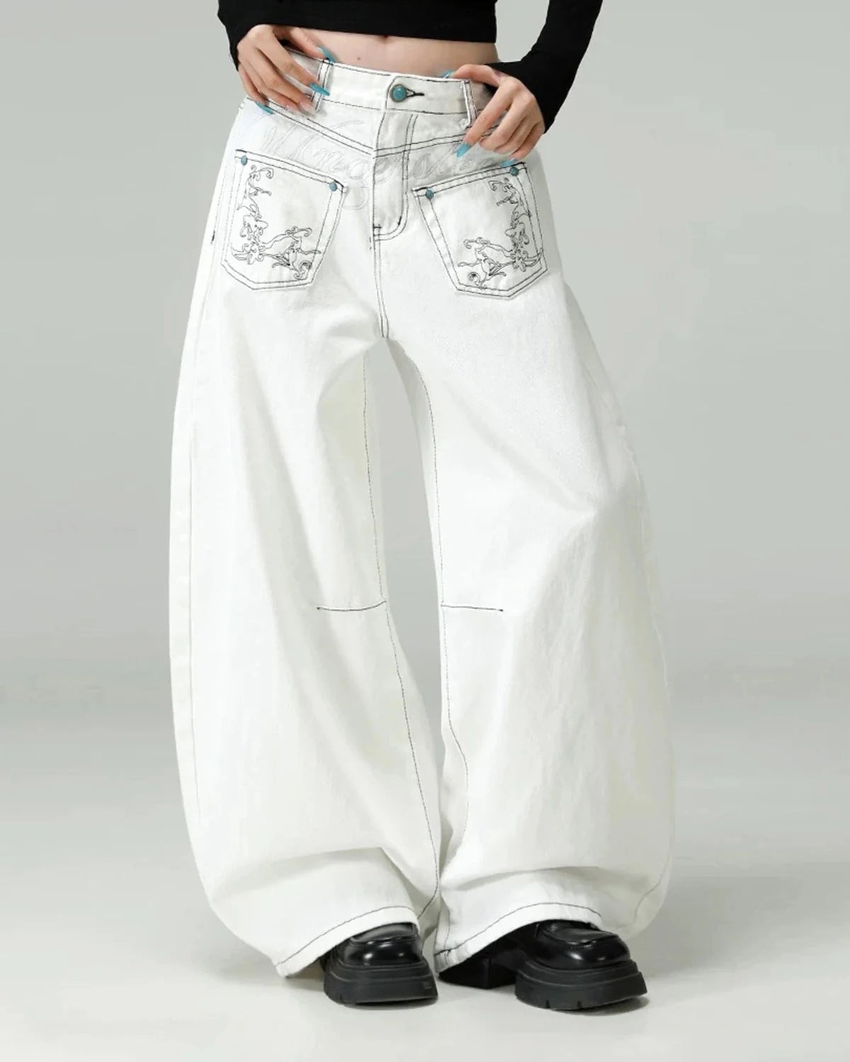 Omygoods Graphic Embroidered Washed Barrel Jeans