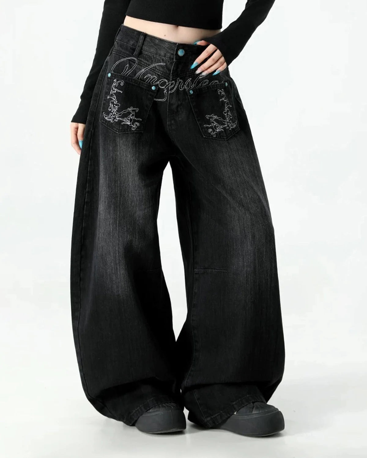 Omygoods Graphic Embroidered Washed Barrel Jeans