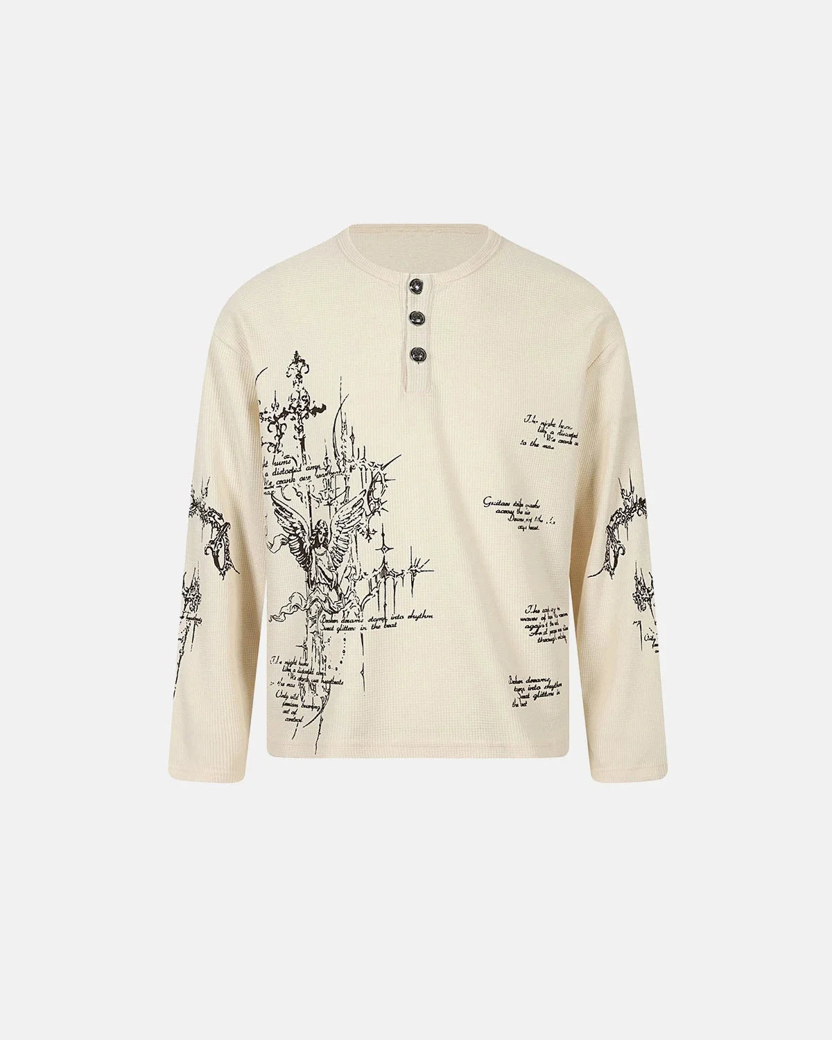Omygoods Graphic Henley Long Sleeve T-Shirt