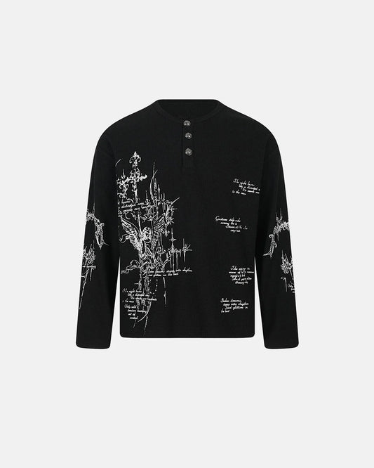 Omygoods Graphic Henley Long Sleeve T-Shirt