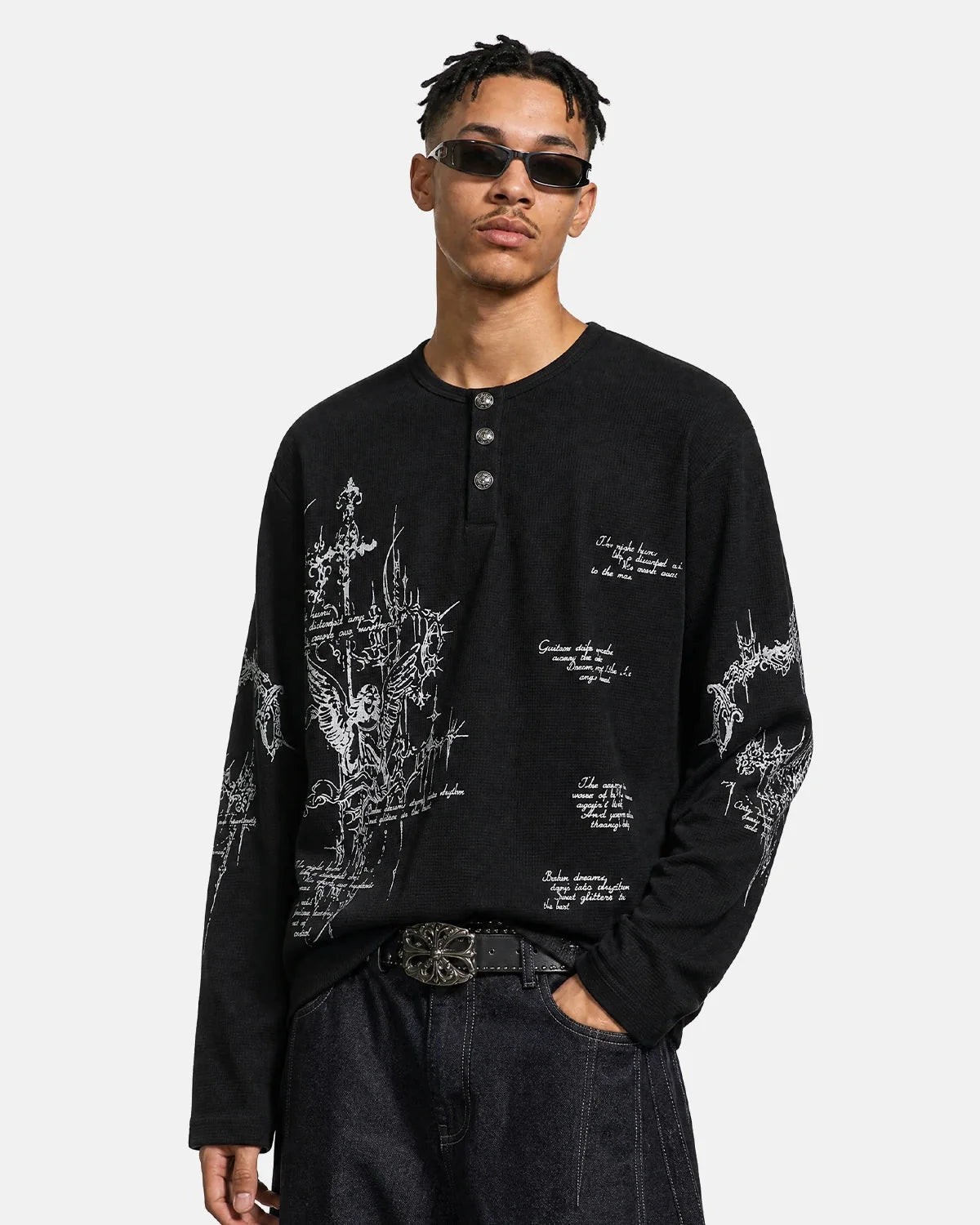 Omygoods Graphic Henley Long Sleeve T-Shirt