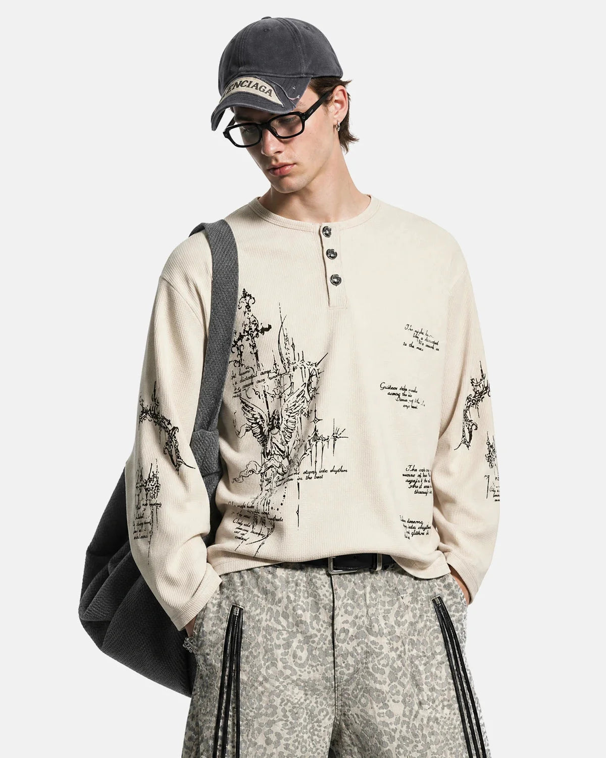 Omygoods Graphic Henley Long Sleeve T-Shirt