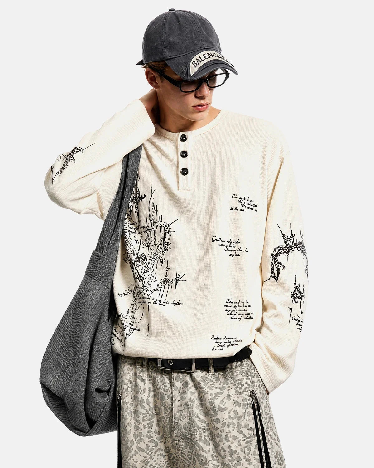 Omygoods Graphic Henley Long Sleeve T-Shirt