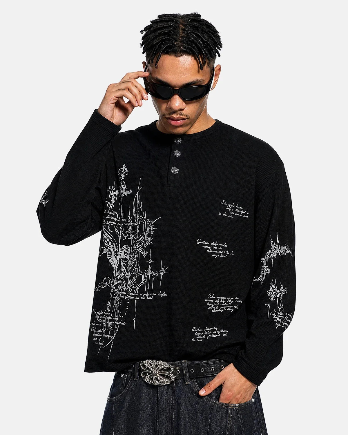 Omygoods Graphic Henley Long Sleeve T-Shirt