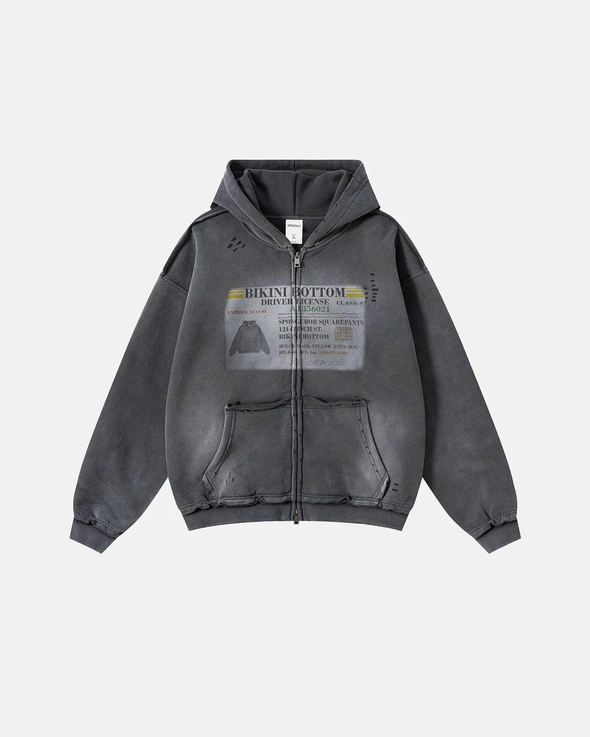 Omygoods Graphic Ripped Washed Zip Up Hoodie