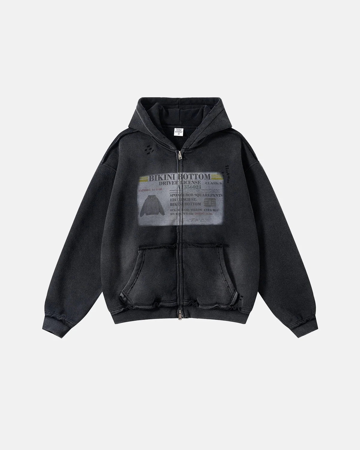 Omygoods Graphic Ripped Washed Zip Up Hoodie