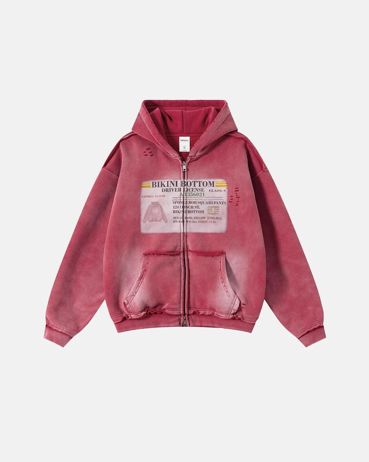 Omygoods Graphic Ripped Washed Zip Up Hoodie
