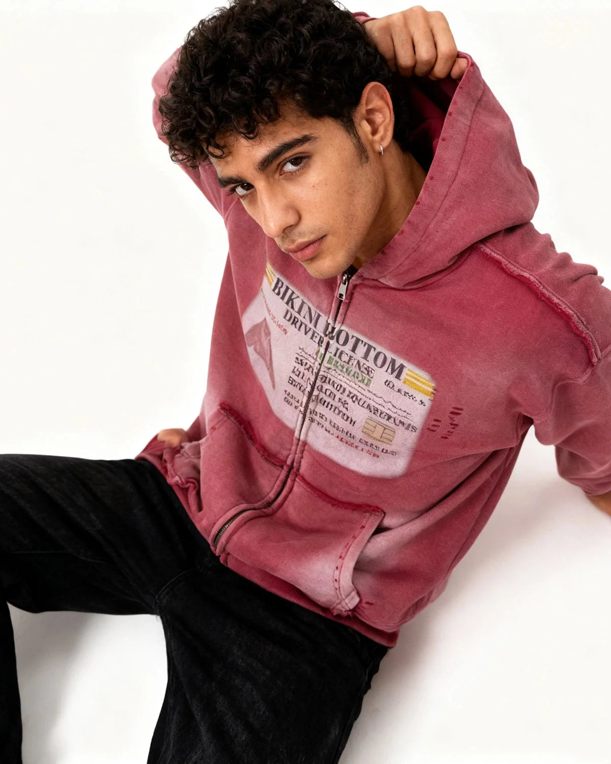 Omygoods Graphic Ripped Washed Zip Up Hoodie