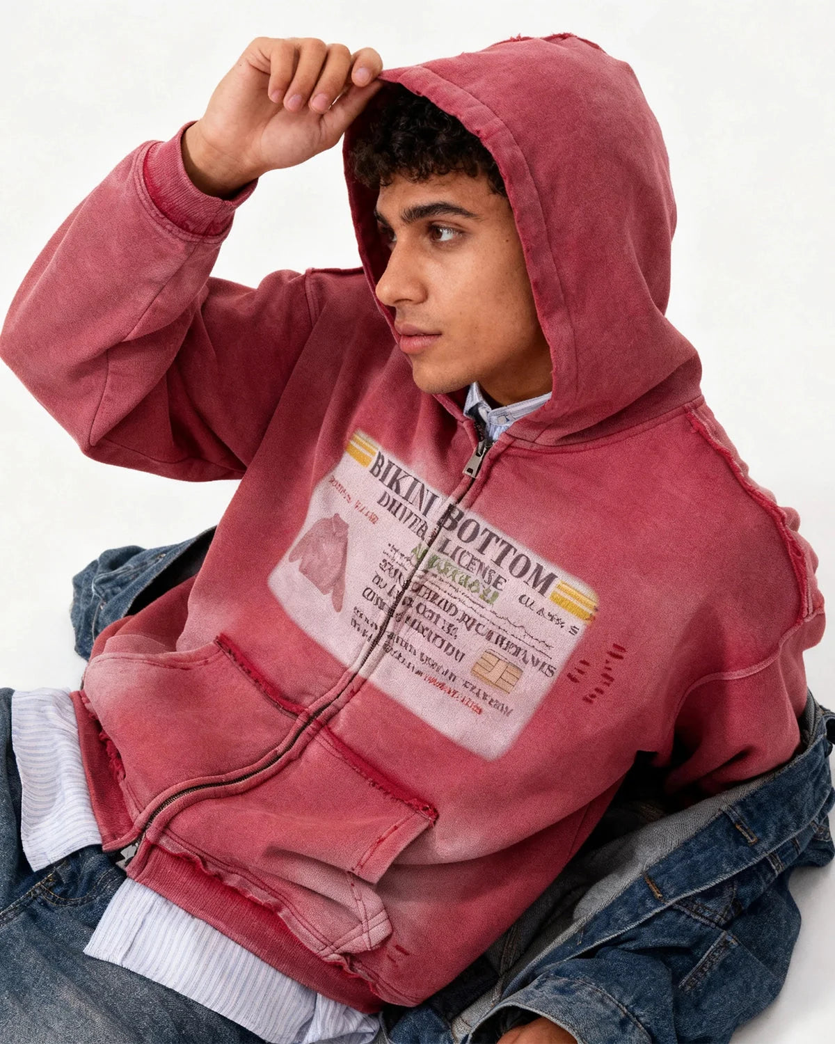 Omygoods Graphic Ripped Washed Zip Up Hoodie