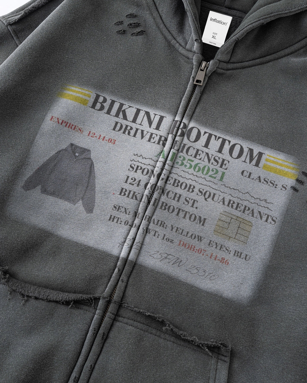 Omygoods Graphic Ripped Washed Zip Up Hoodie