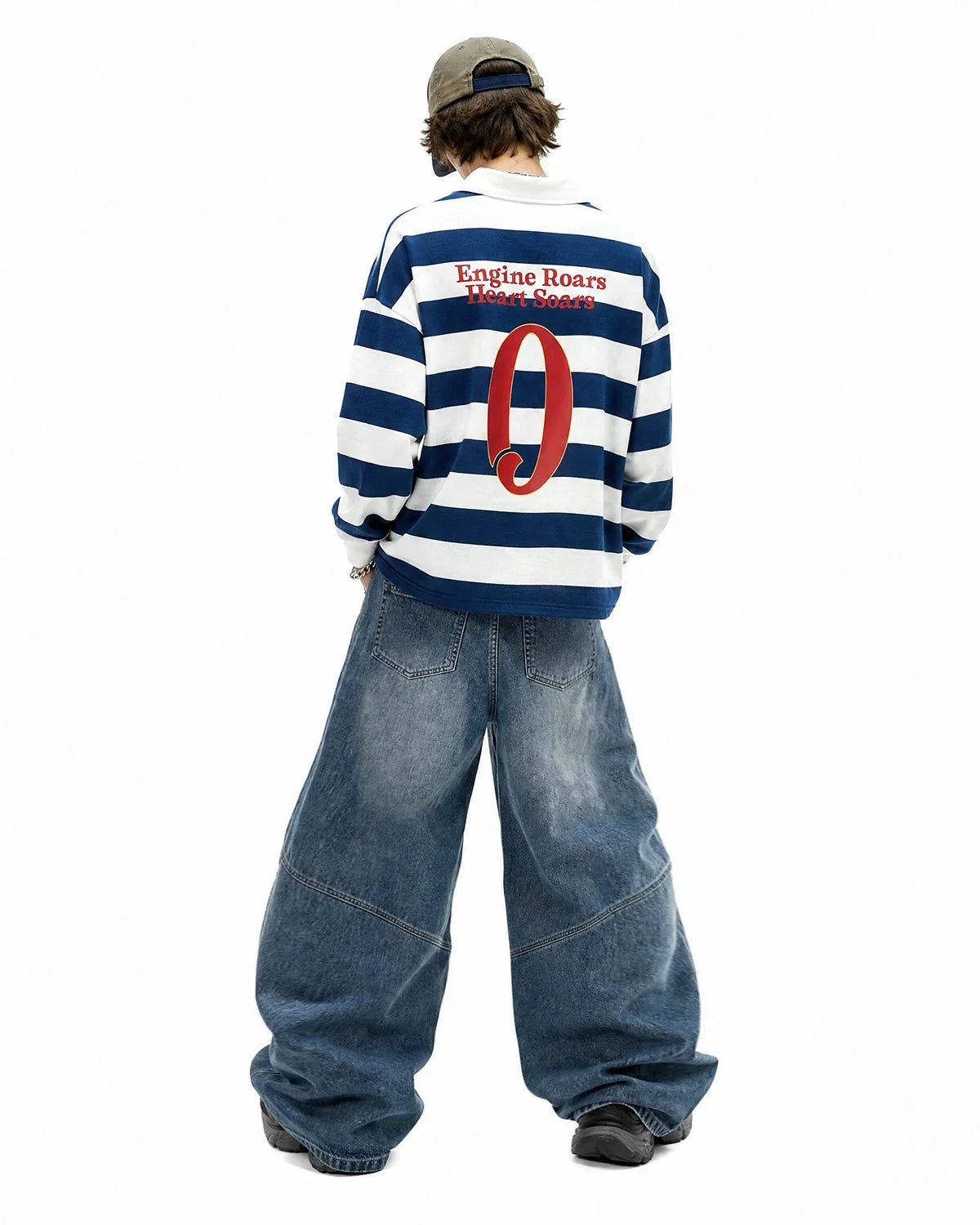 Omygoods Graphic Striped Rugby Polo Shirt