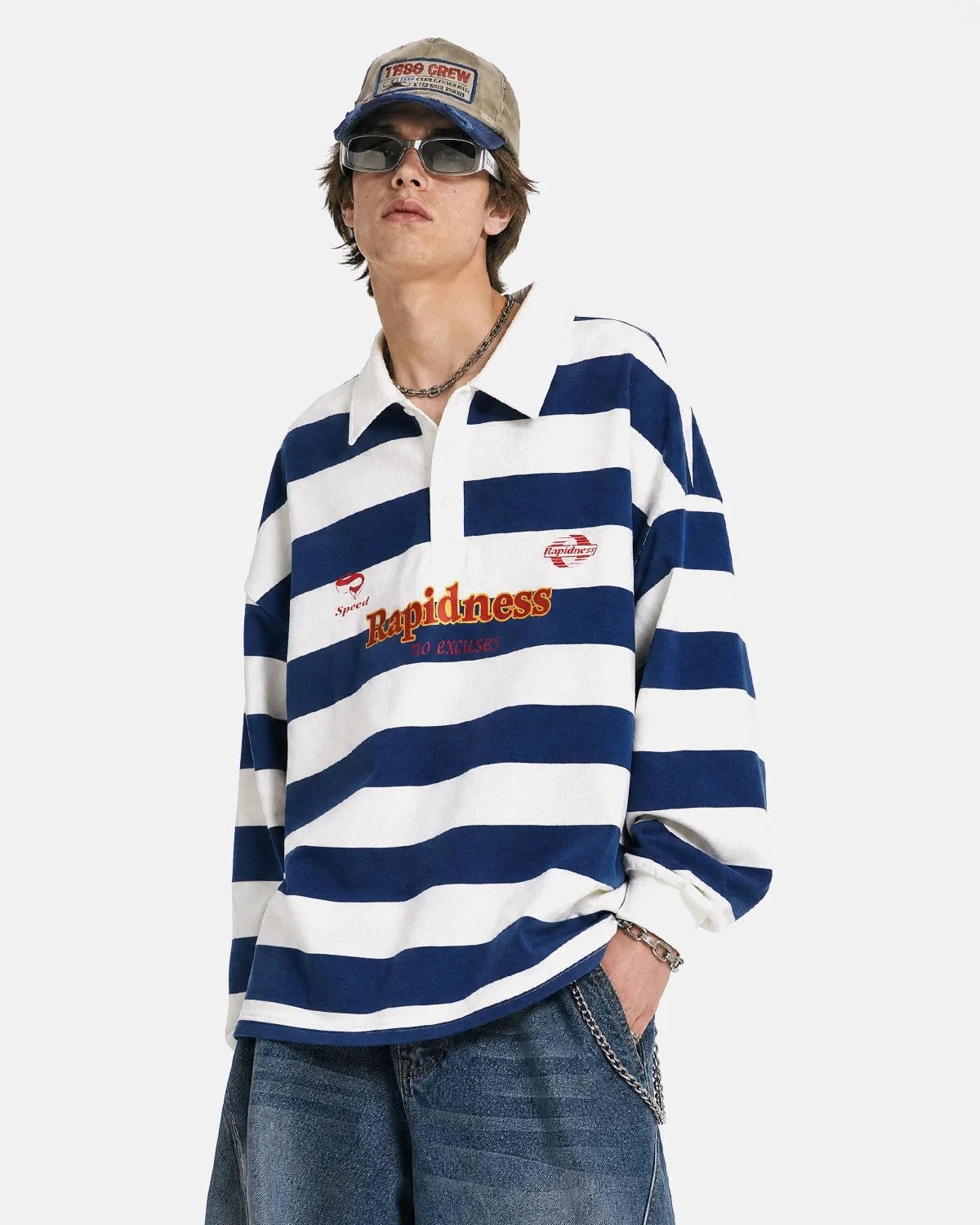 Omygoods Graphic Striped Rugby Polo Shirt