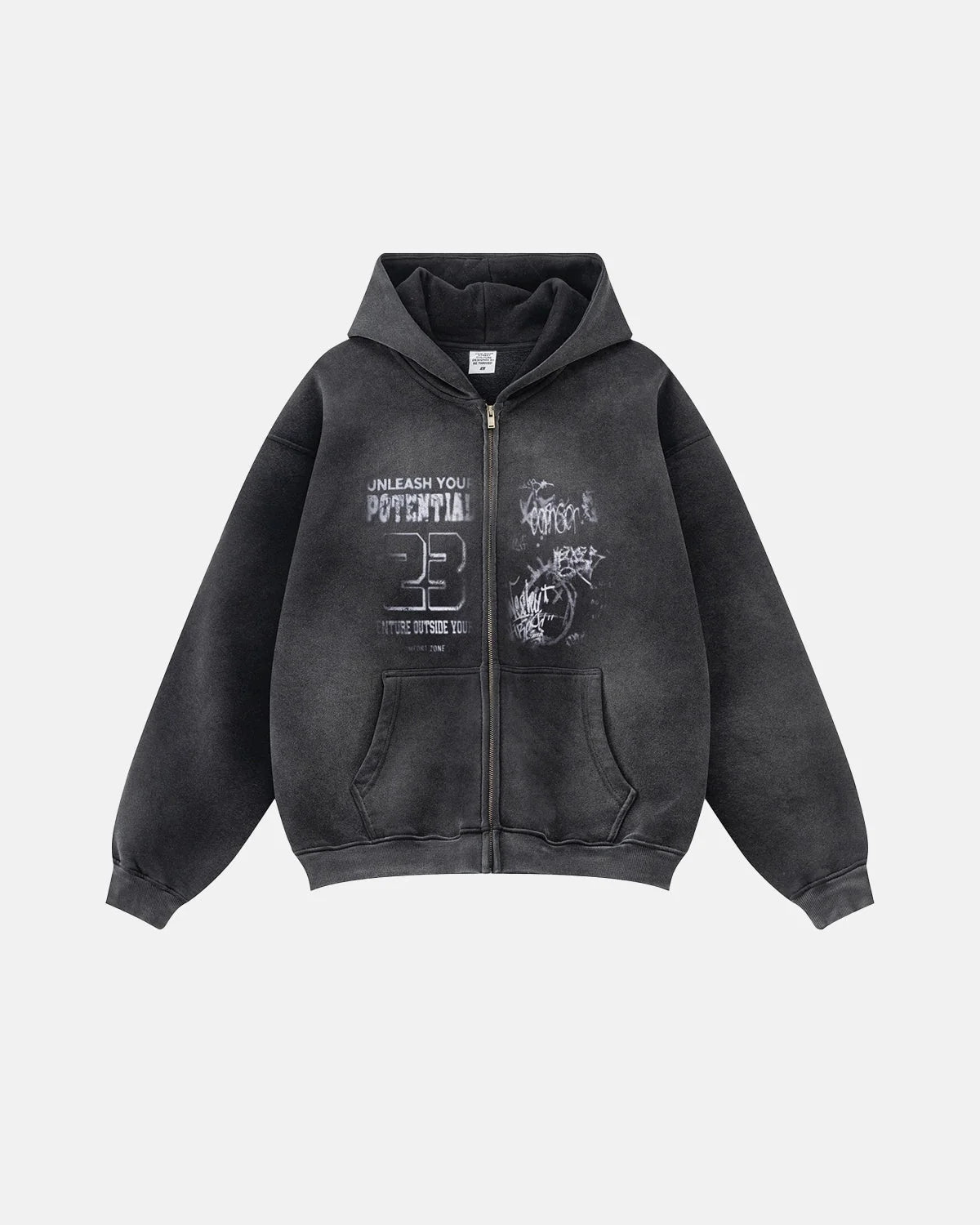 Omygoods Graphic Washed Zip Up Hoodie