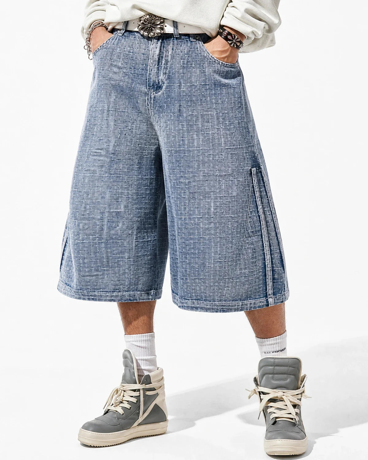 Omygoods Grid Texture Baggy Jorts