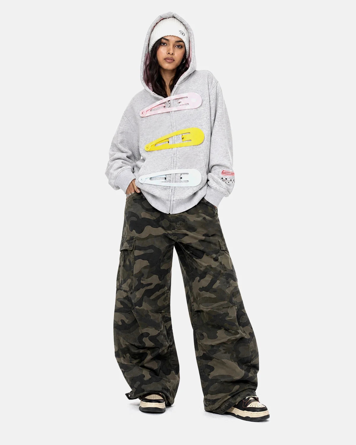 Omygoods Hair Clip Patch Zip Up Hoodie