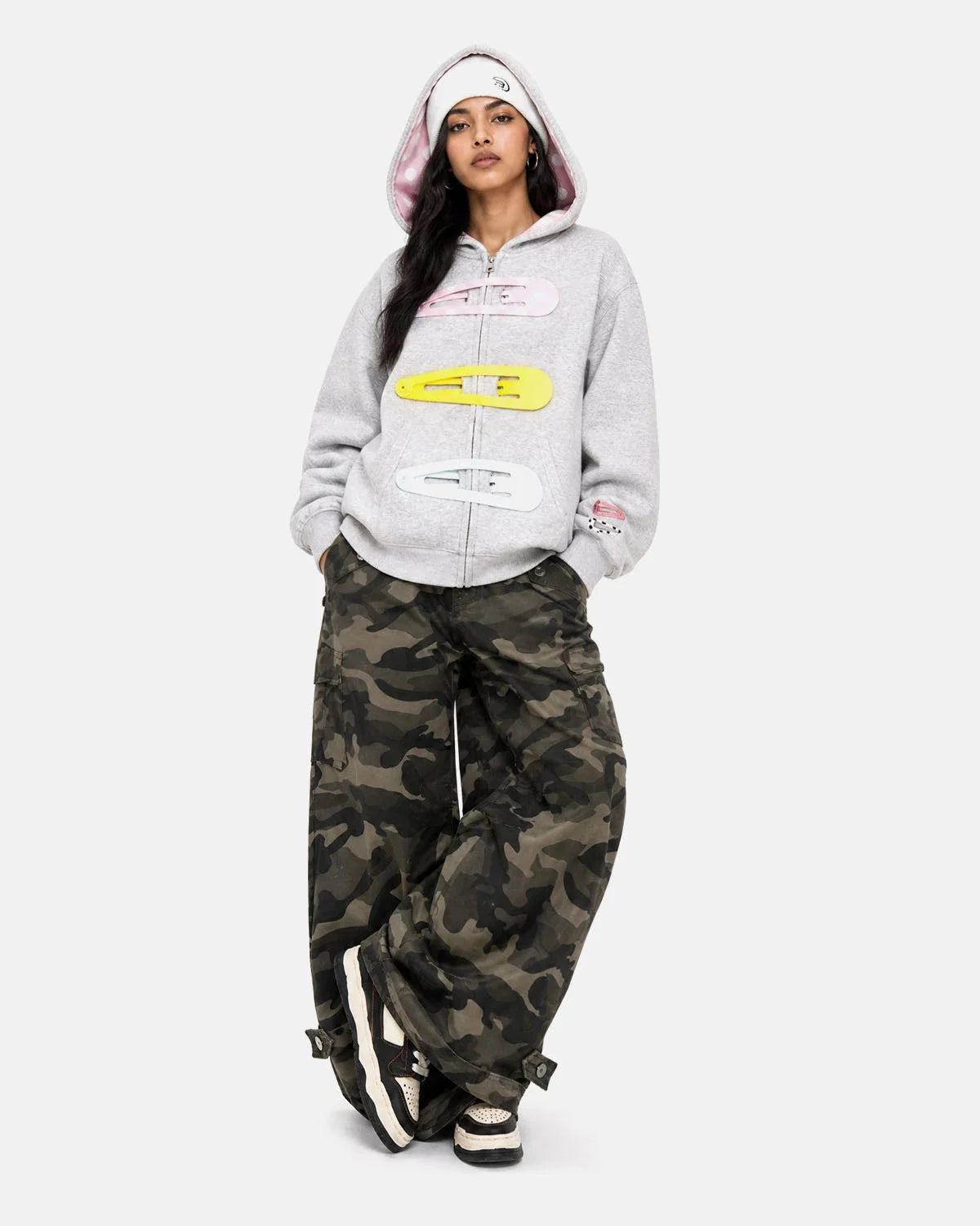 Omygoods Hair Clip Patch Zip Up Hoodie