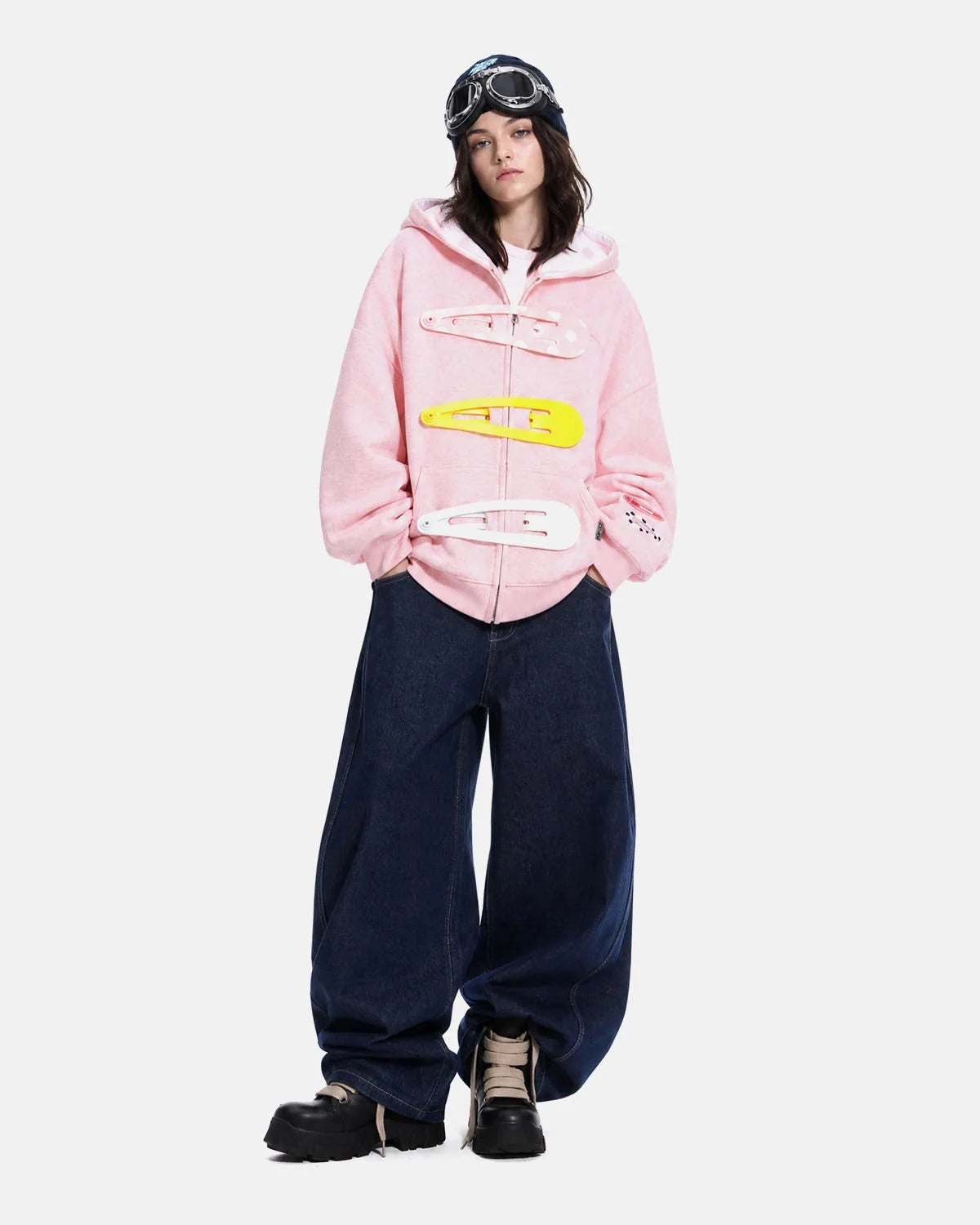 Omygoods Hair Clip Patch Zip Up Hoodie