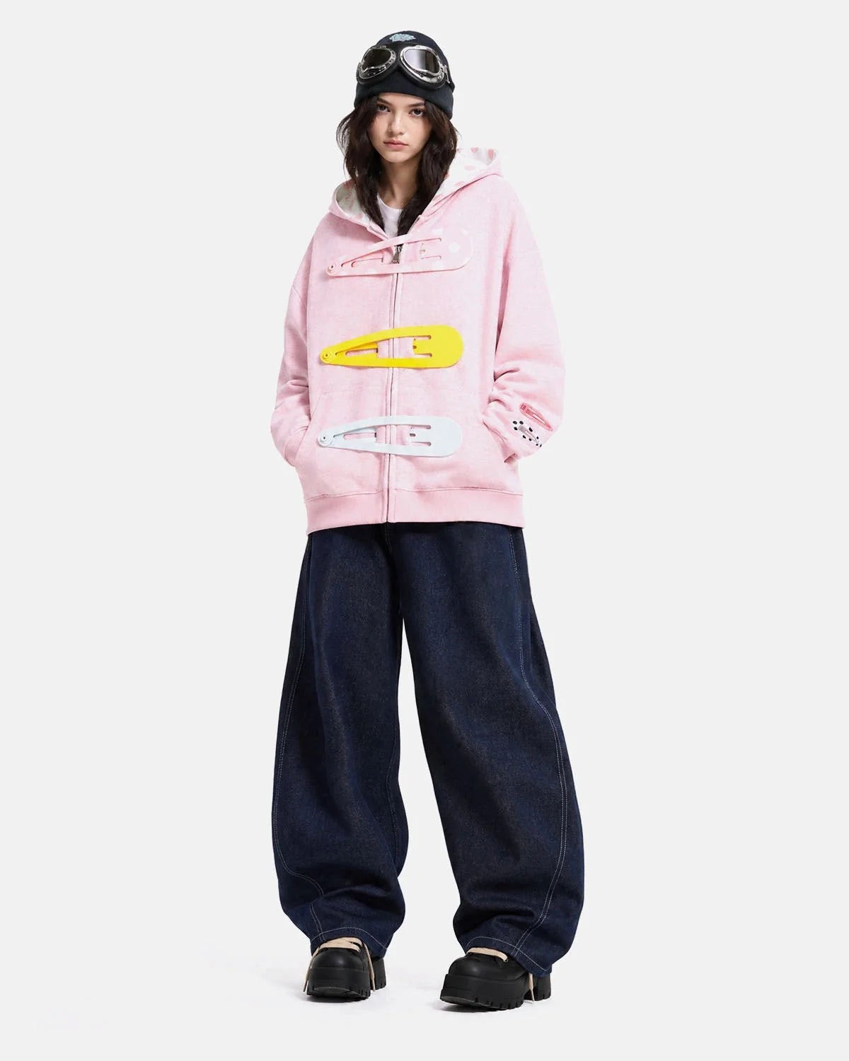 Omygoods Hair Clip Patch Zip Up Hoodie