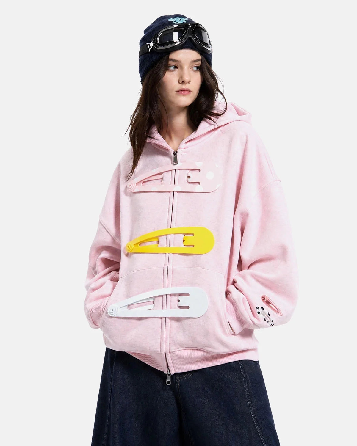 Omygoods Hair Clip Patch Zip Up Hoodie