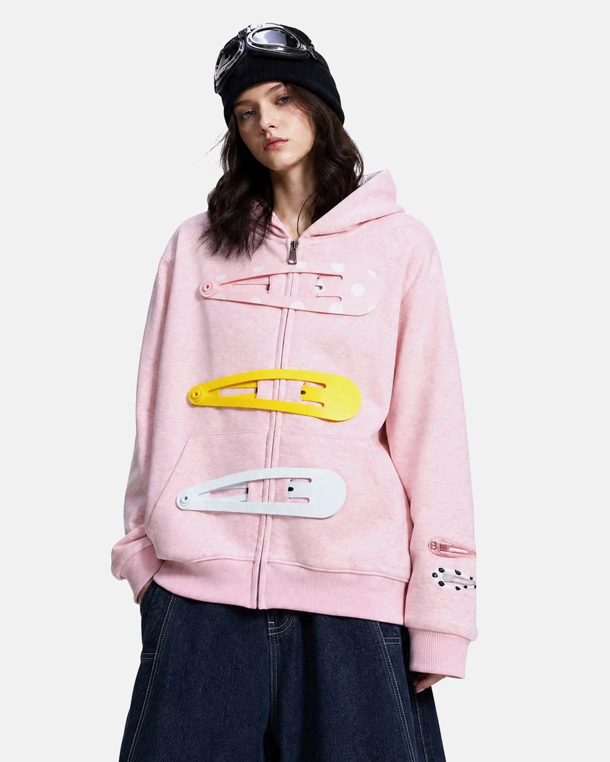 Omygoods Hair Clip Patch Zip Up Hoodie