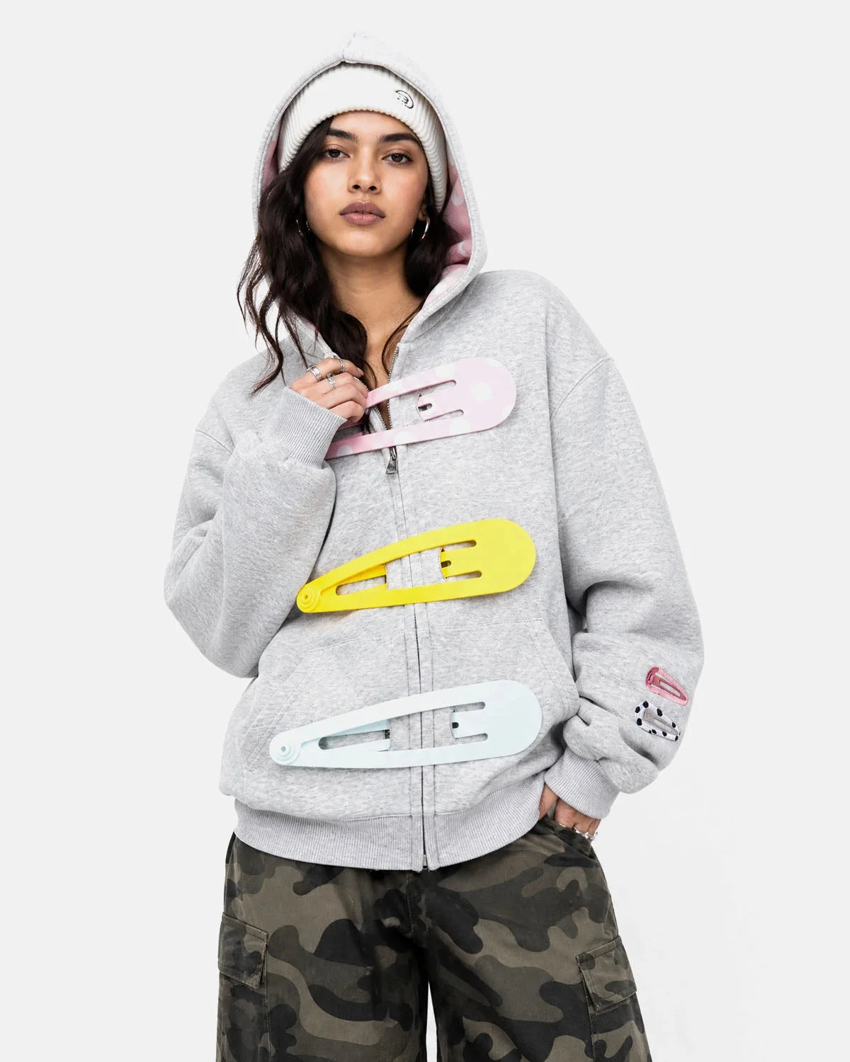 Omygoods Hair Clip Patch Zip Up Hoodie