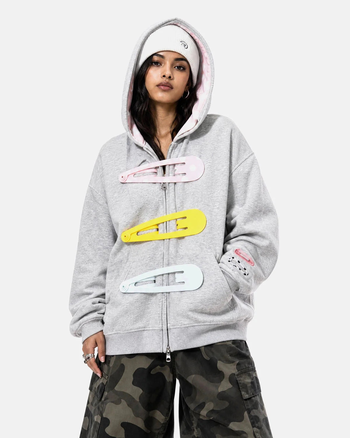 Omygoods Hair Clip Patch Zip Up Hoodie