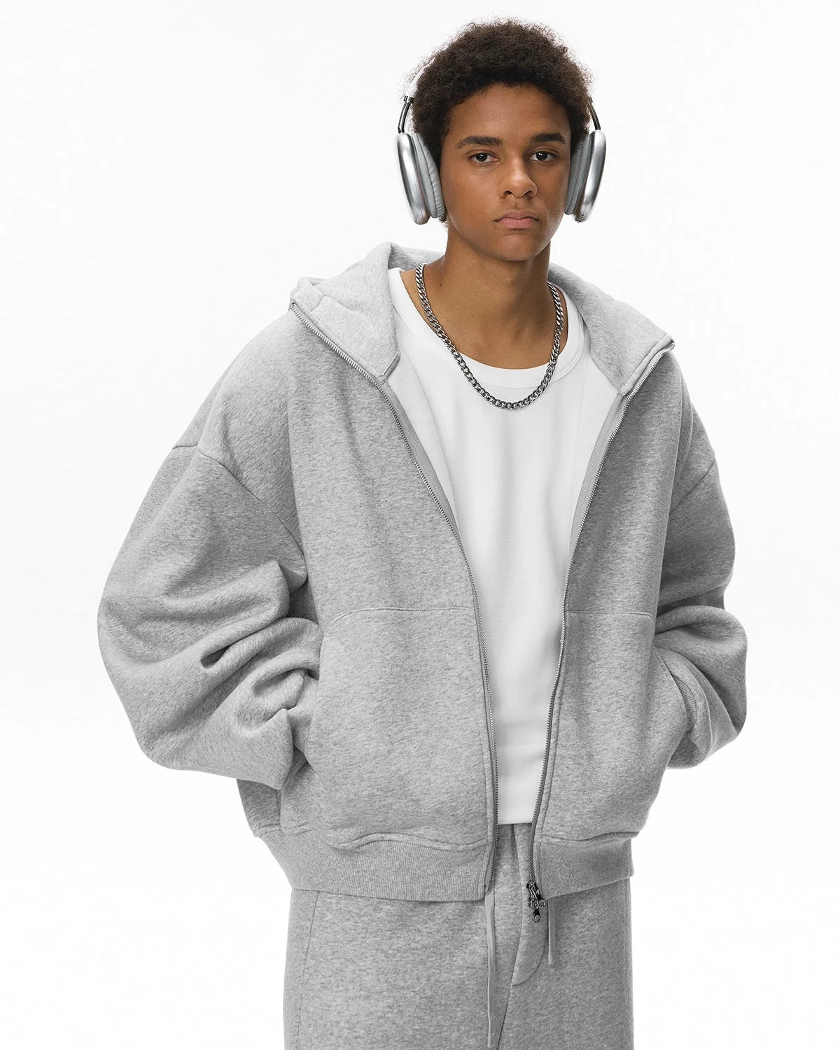 Omygoods High Collar Fleece Double Zip-Up Hoodie