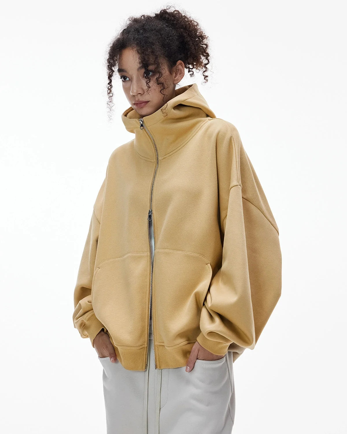 Omygoods High Collar Fleece Double Zip-Up Hoodie