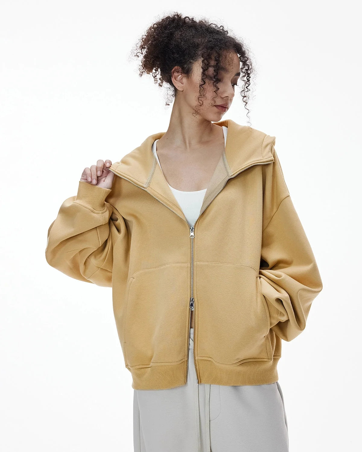 Omygoods High Collar Fleece Double Zip-Up Hoodie