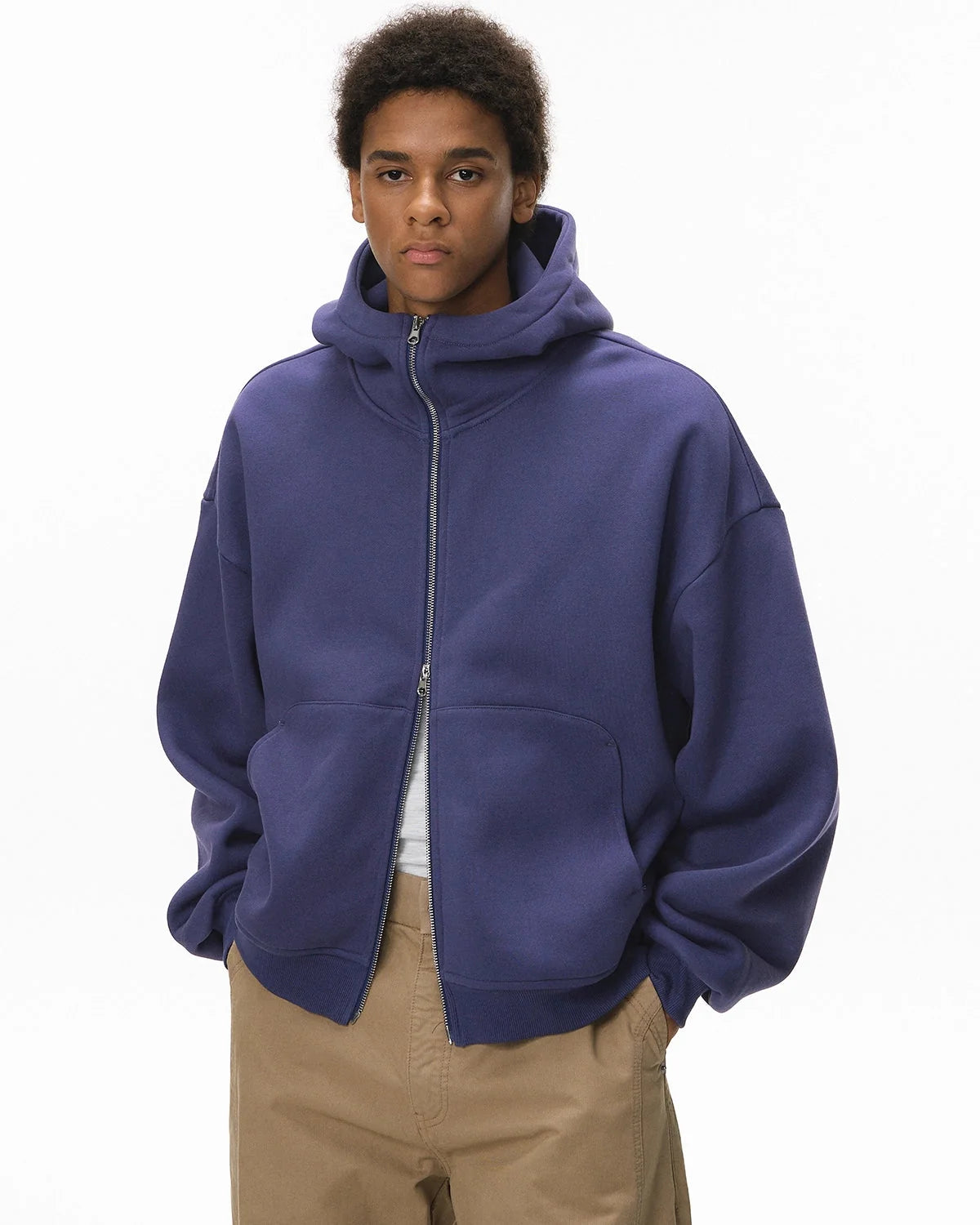 Omygoods High Collar Fleece Double Zip-Up Hoodie