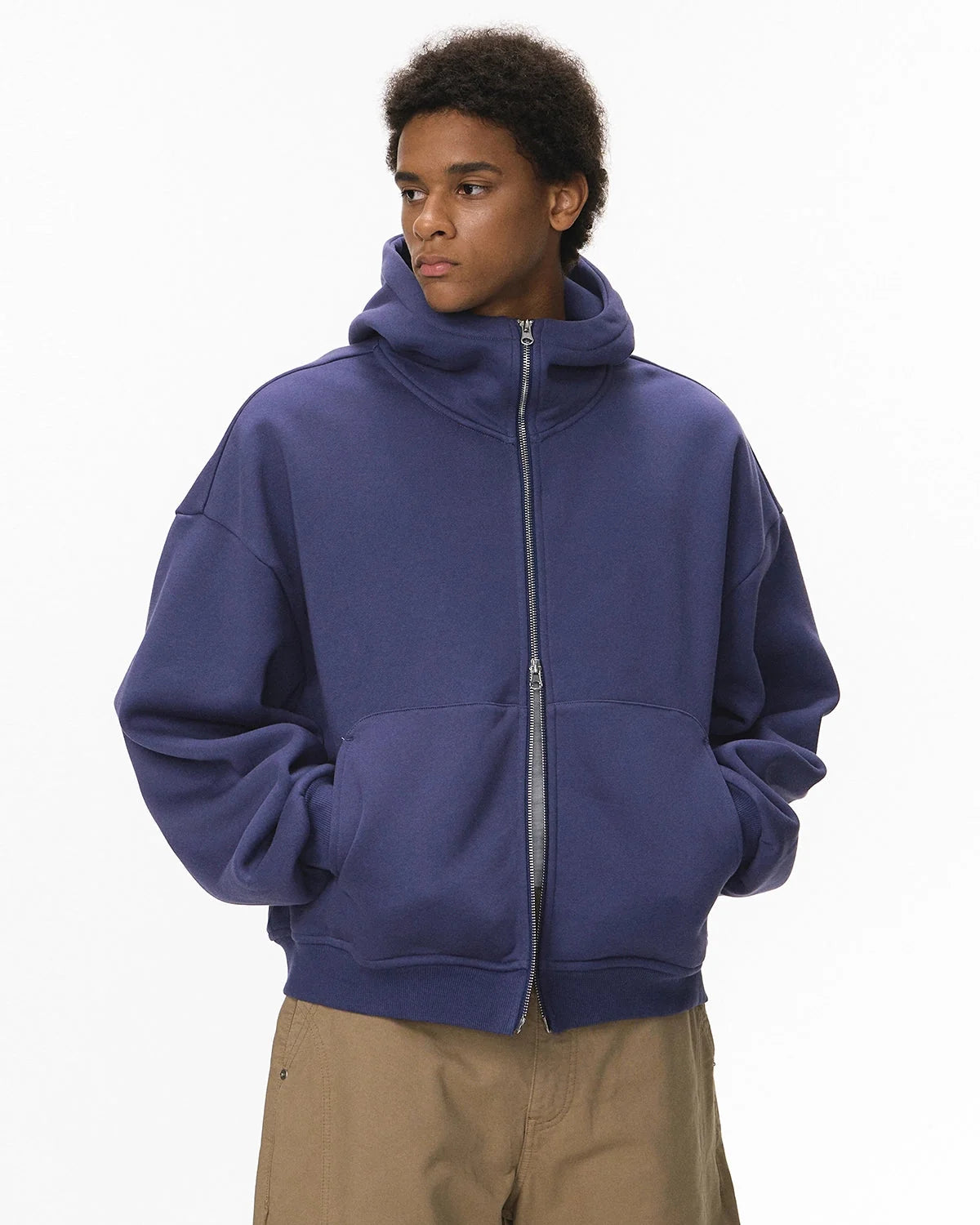 Omygoods High Collar Fleece Double Zip-Up Hoodie