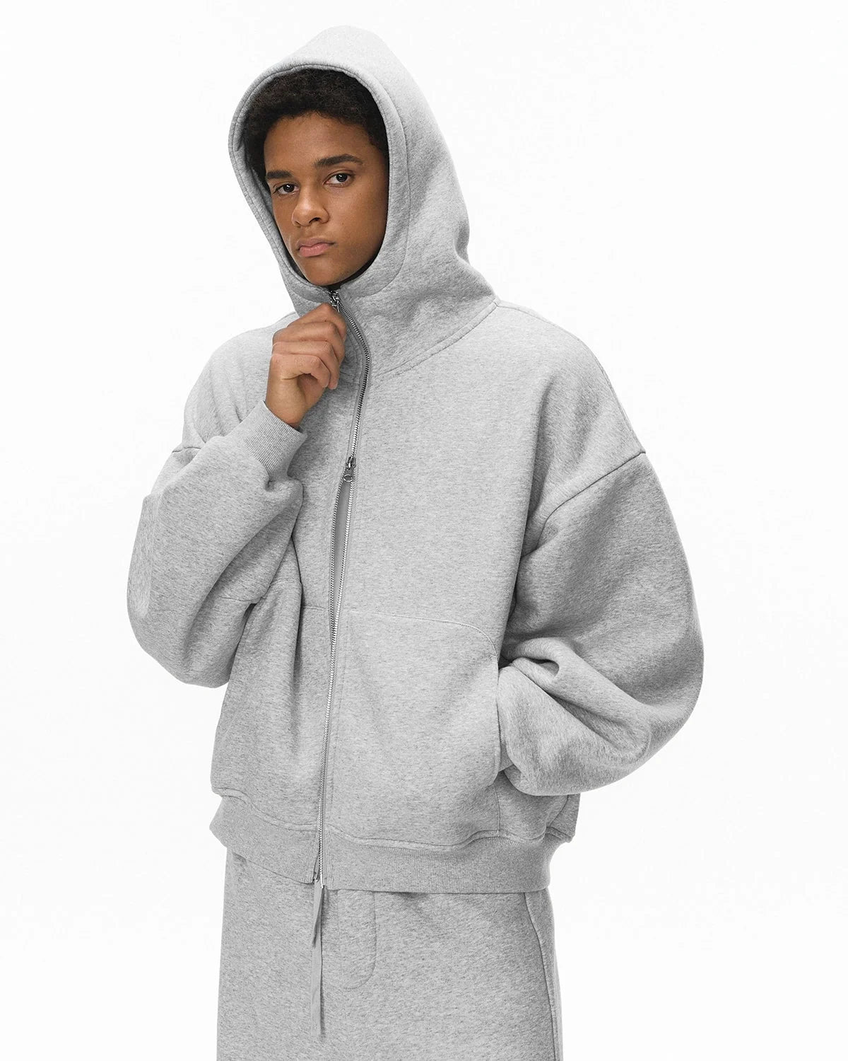 Omygoods High Collar Fleece Double Zip-Up Hoodie