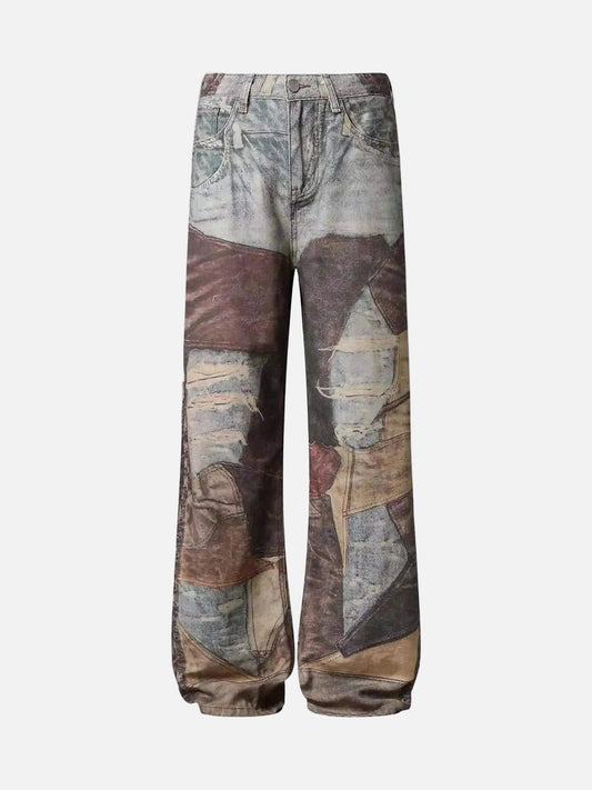 Omygoods High Street Distressed Washed Printed Jeans