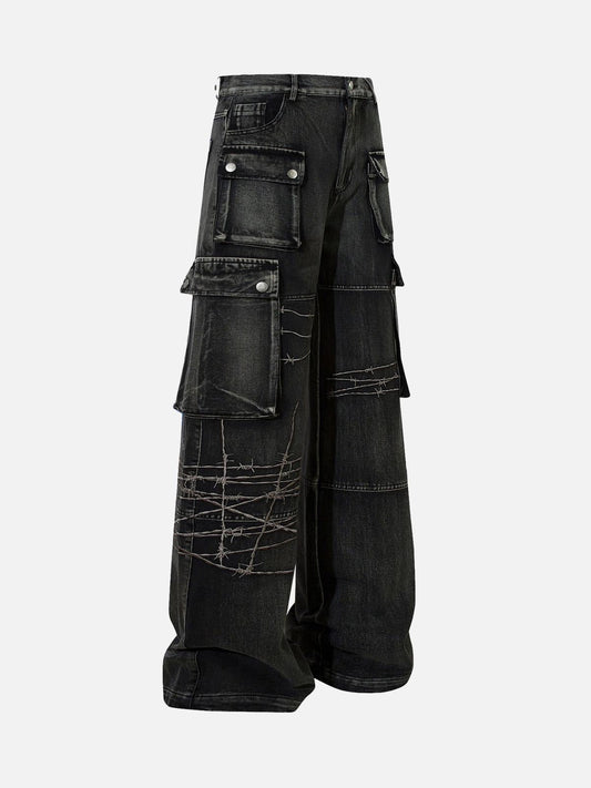 Omygoods High Street Embroidery Hip-Hop Jeans