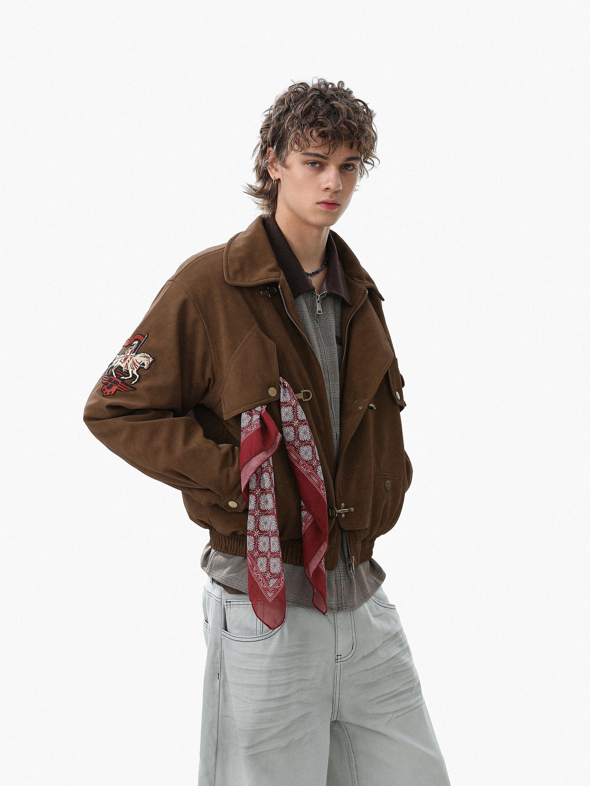 Omygoods Horse Embroidery Suede Clasp Padded Jacket