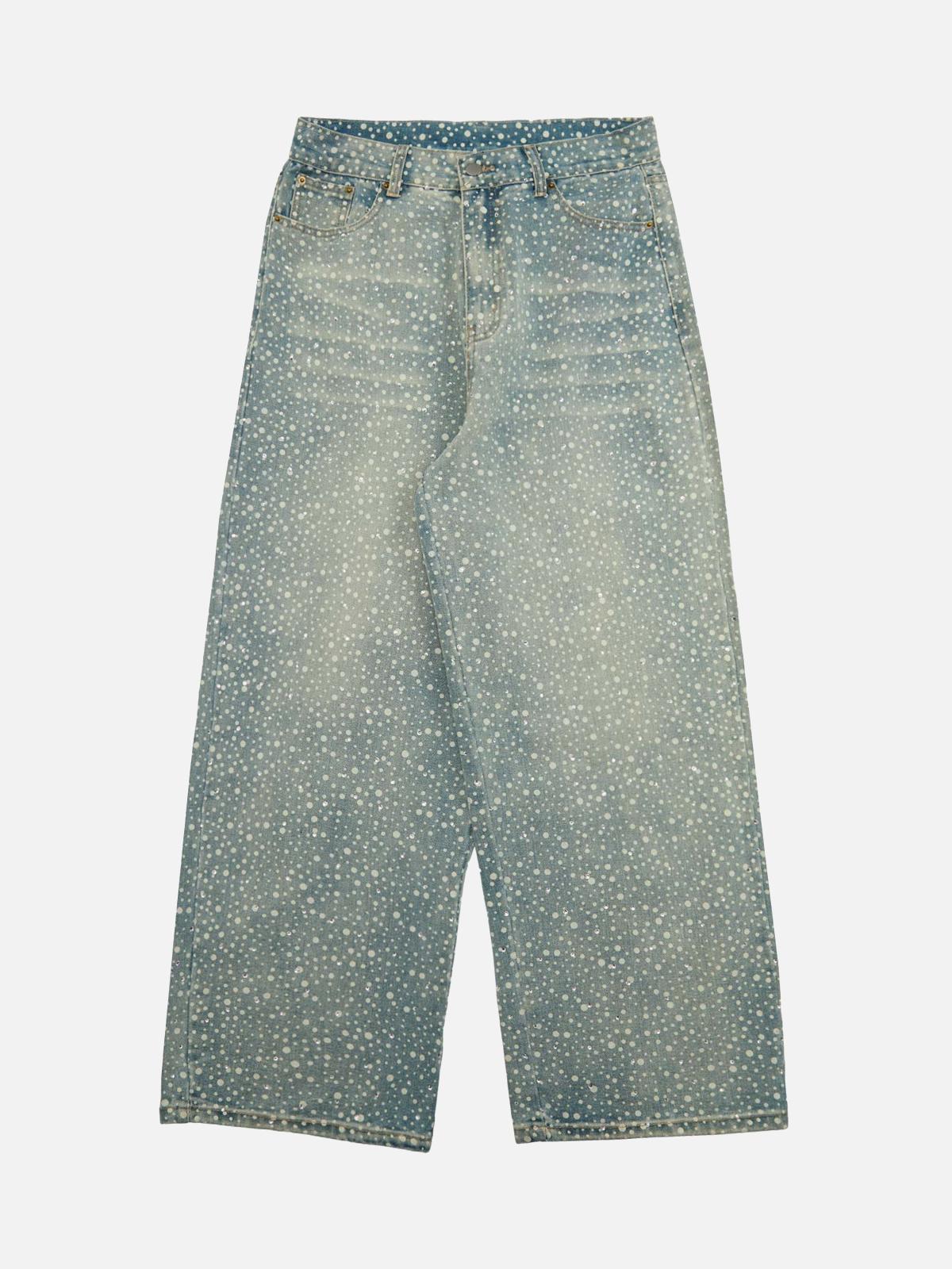 Omygoods Ink Splashed Hotfix Rhinestone Baggy Jeans