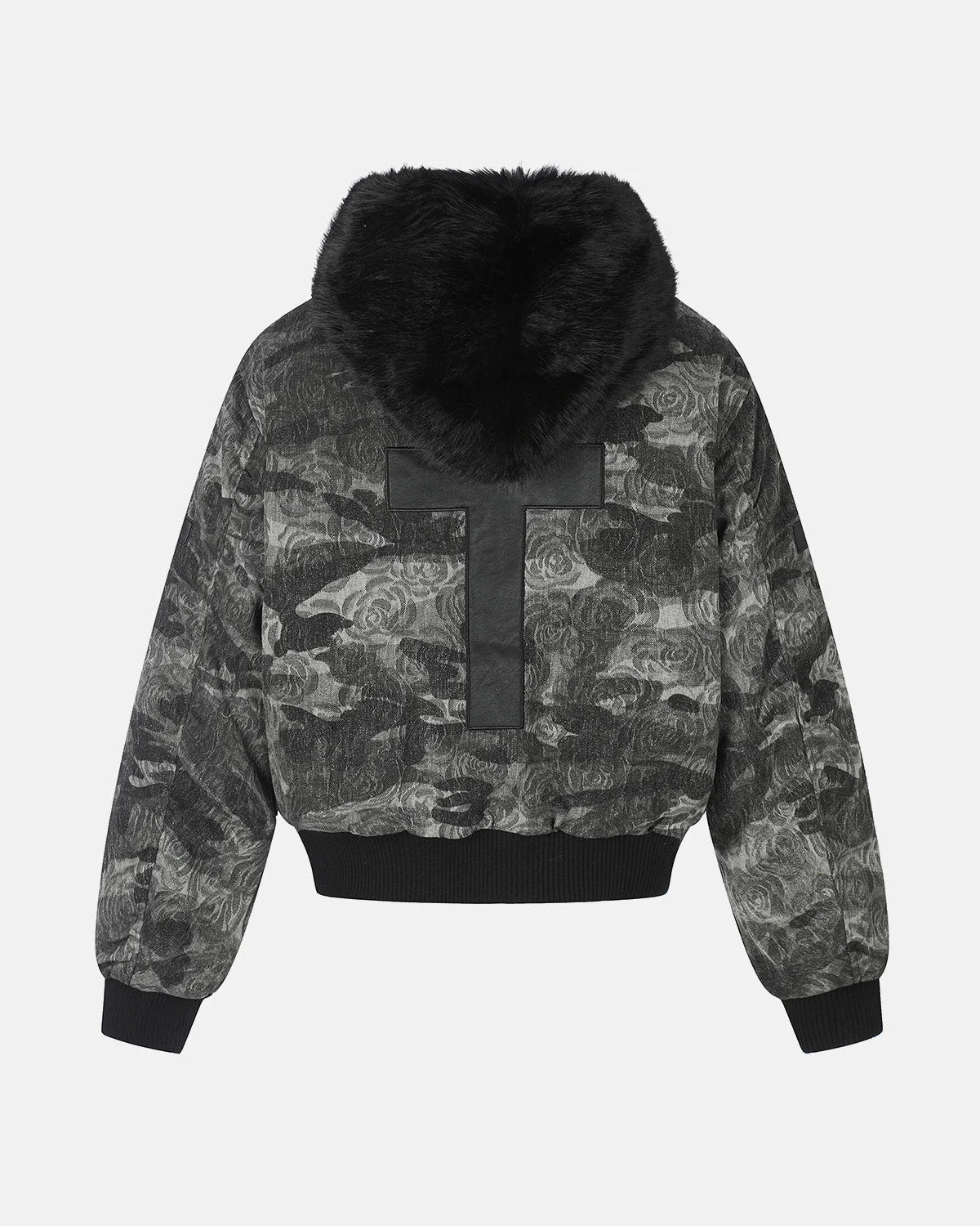 Omygoods Jacquard Faux Fur Hooded Bomber Jacket