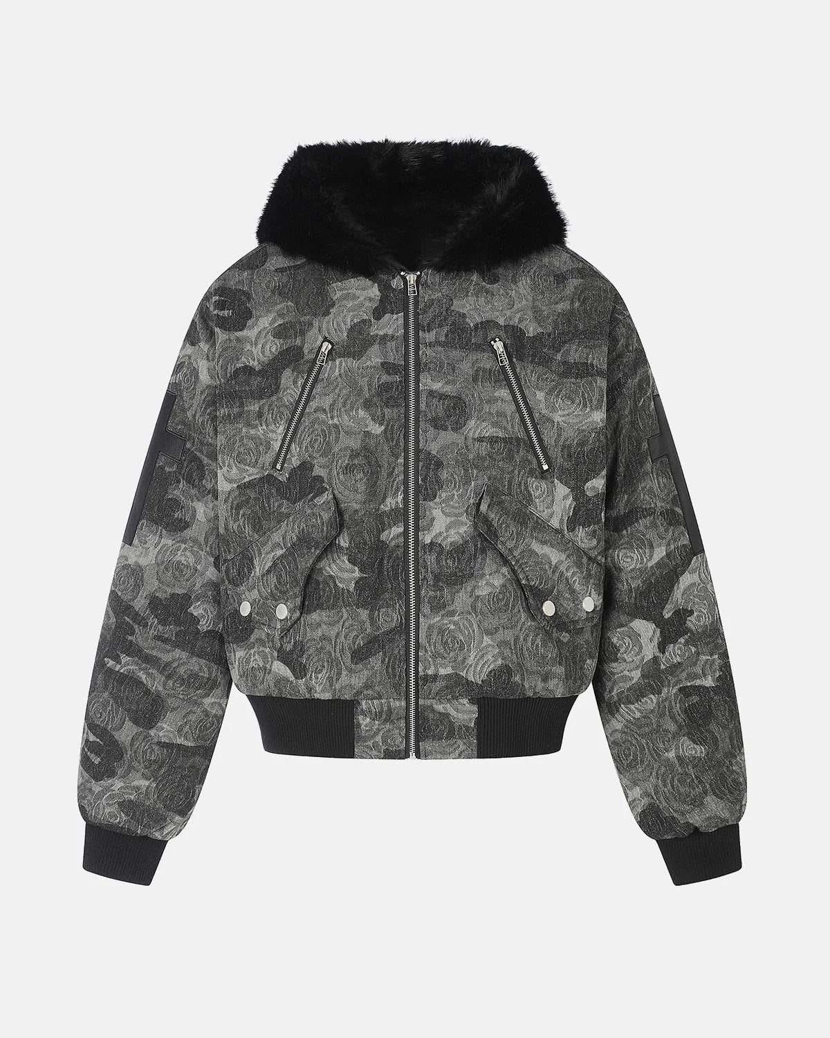 Omygoods Jacquard Faux Fur Hooded Bomber Jacket