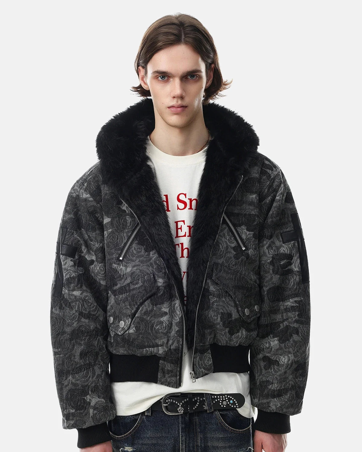 Omygoods Jacquard Faux Fur Hooded Bomber Jacket