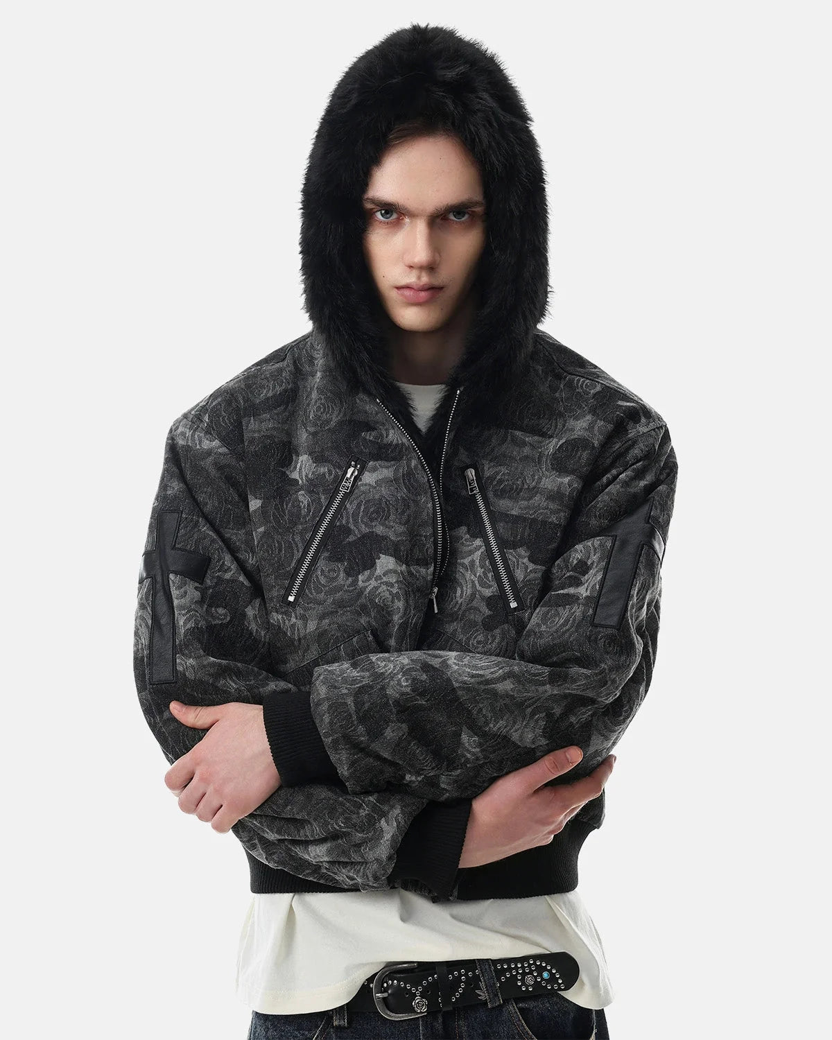 Omygoods Jacquard Faux Fur Hooded Bomber Jacket
