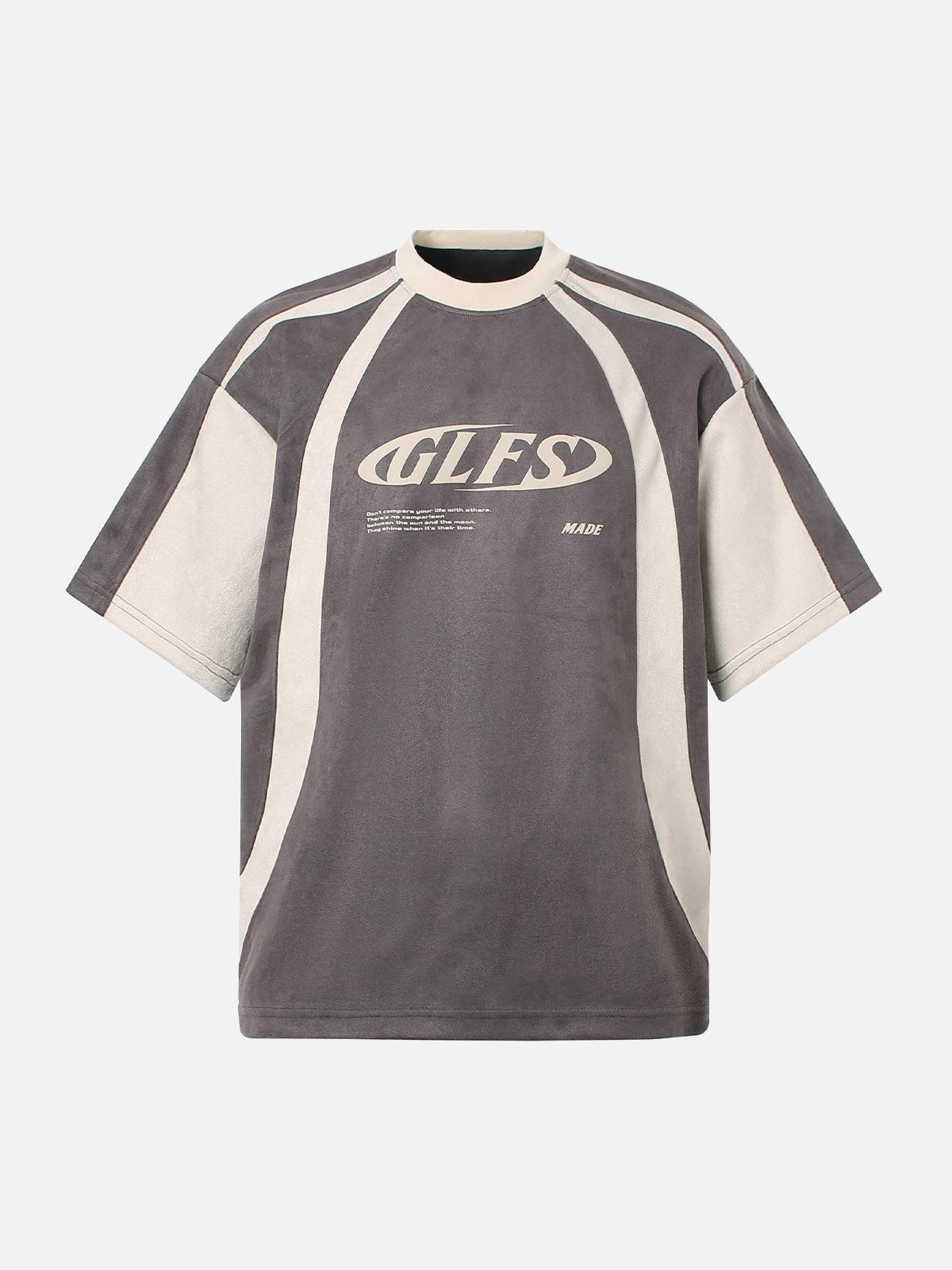 Omygoods Jersey Deconstructed Contrast Color Stitching Print T-Shirt