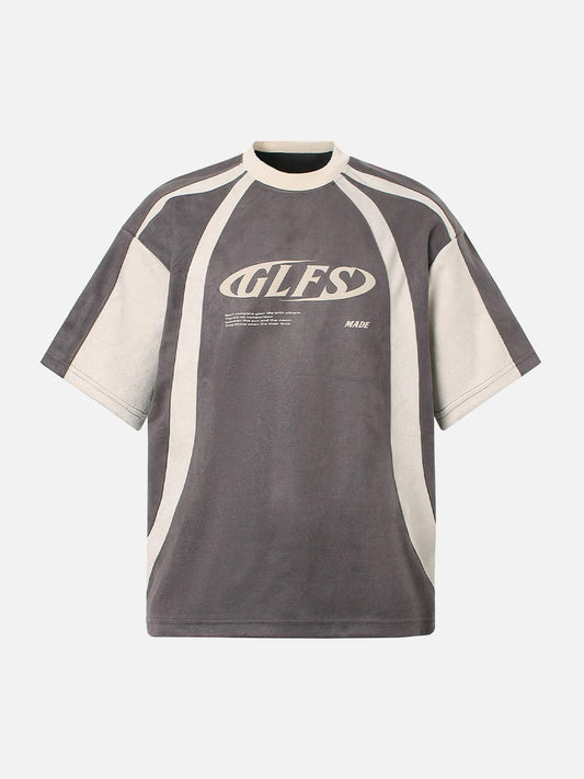 Omygoods Jersey Deconstructed Contrast Color Stitching Print T-Shirt